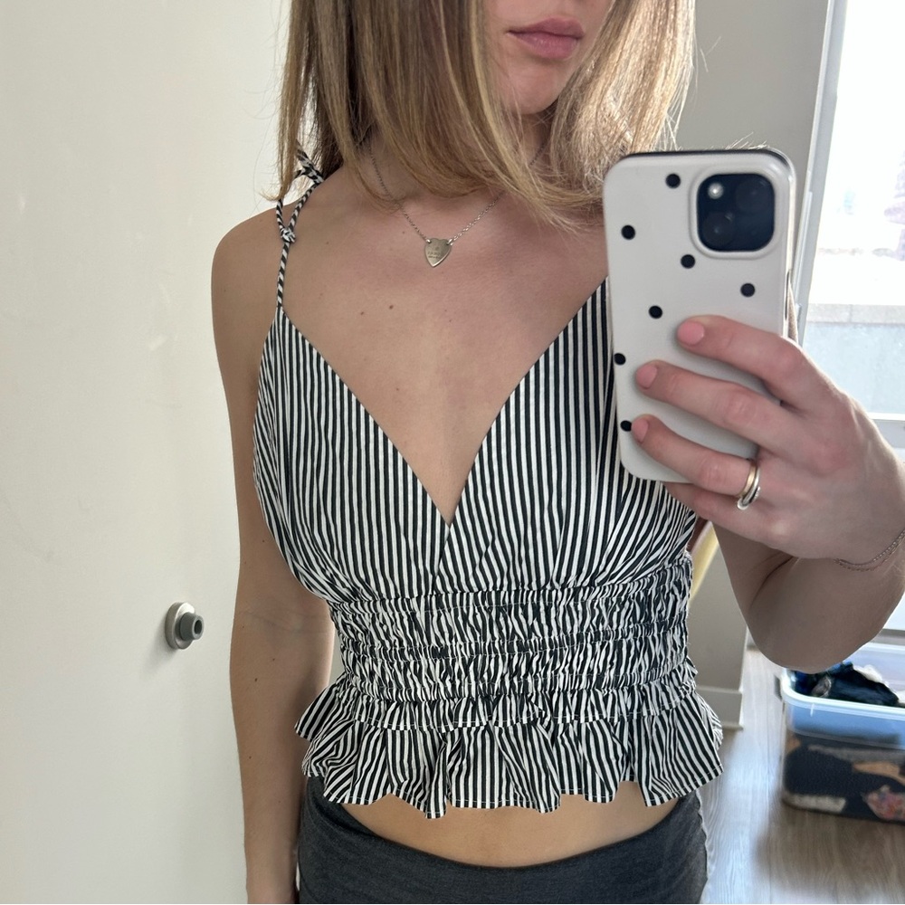 Black & White Striped Smocked V-Neck Cami
